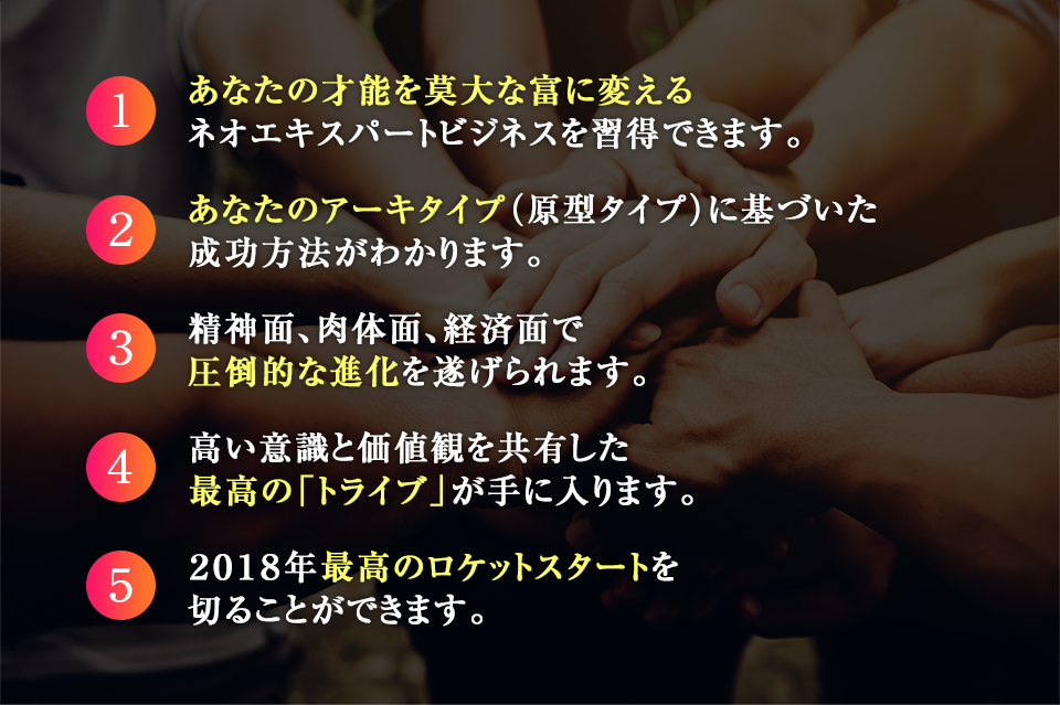 １：あなたの才能を莫大な富に変えるネオエキスパートビジネスを習得できます。２：あなたのアーキタイプ(原型タイプ)に基づいた成功方法がわかります。３：精神面、肉体面、経済面で圧倒的な進化を遂げられます。４：高い意識と価値観を共有した最高の「トライブ」が手に入ります。５：２０１８年最高のロケットスタートを切ることができます。